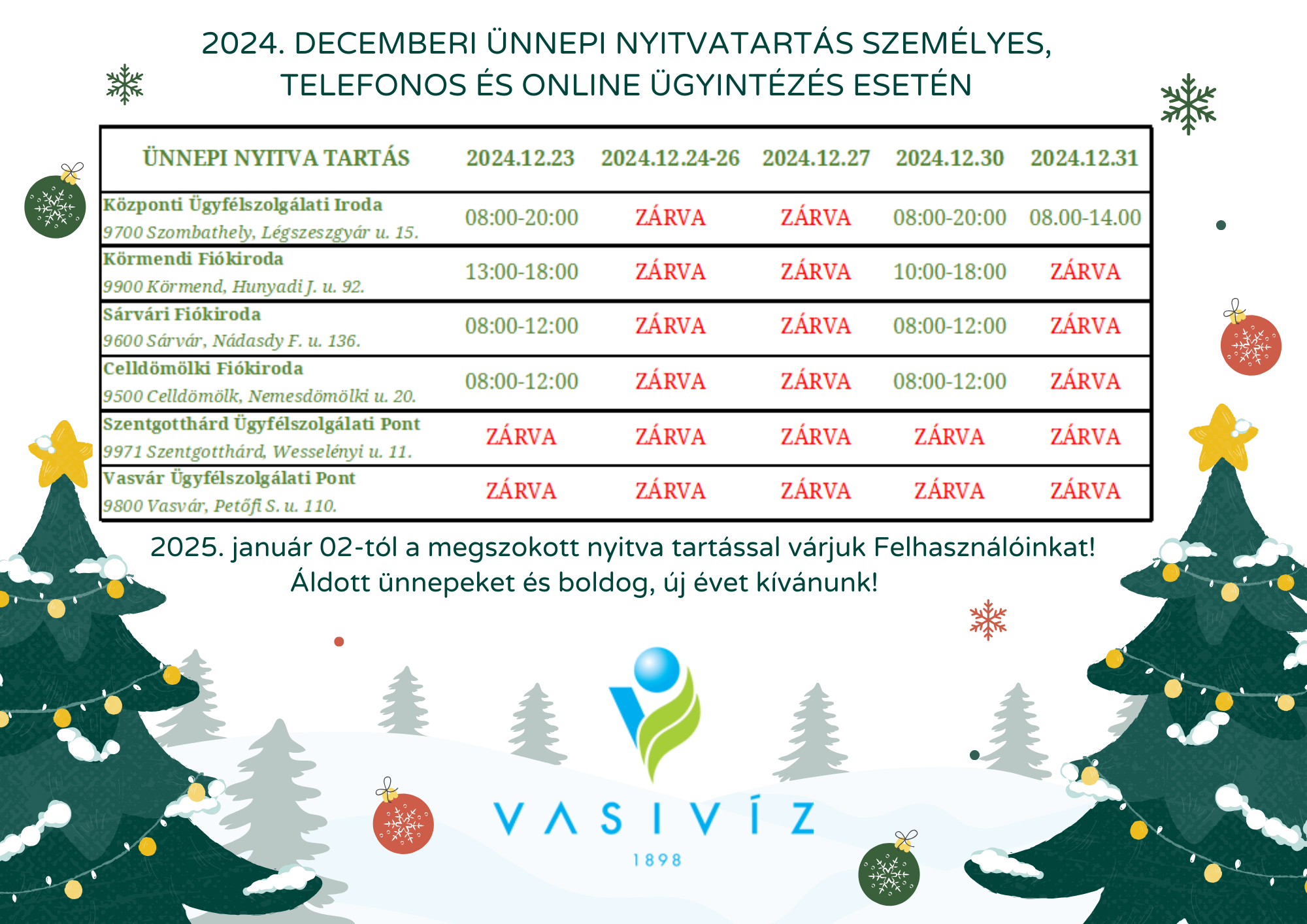 2024. DECEMBERI ünnepi Nyitvatartás személyes, telefonos és Online ÜGYINTÉZÉS ESETÉN